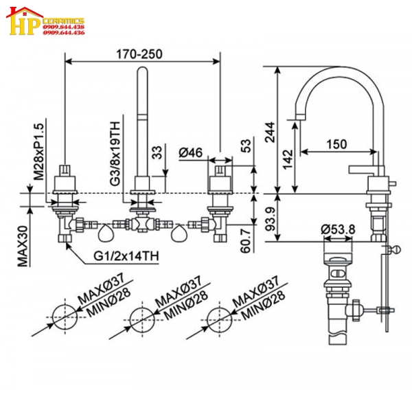 VÒI LAVABO NÓNG LẠNH 3 LỖ AMERICAN STANDARD WF-3304 CHÍNH HÃNG