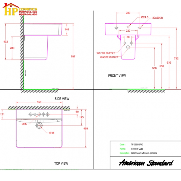 LAVABO TREO TƯỜNG CHÂN NGẮN AMERICAN STANDARD WP-F550/0740-WT CHÍNH HÃNG