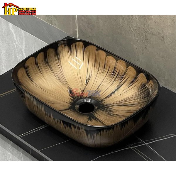 LAVABO ĐỂ BÀN HOA VĂN ĐEN VÀNG LA-74