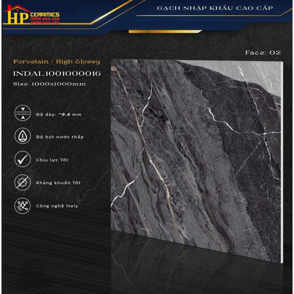 GẠCH LÁT NỀN 100X100 VÂN ĐÁ ĐEN XÁM ĐẬM SIÊU BÓNG 016 NHẬP KHẨU  CAO CẤP
