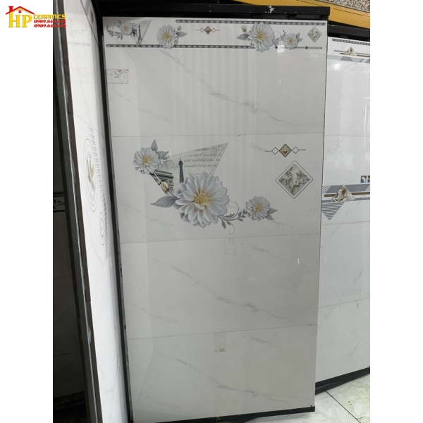 GẠCH ỐP TƯỜNG 40X80 TRẮNG VÂN KHÓI ĐIỂM BÔNG CÚC SIÊU BÓNG 40801 CAO CẤP 