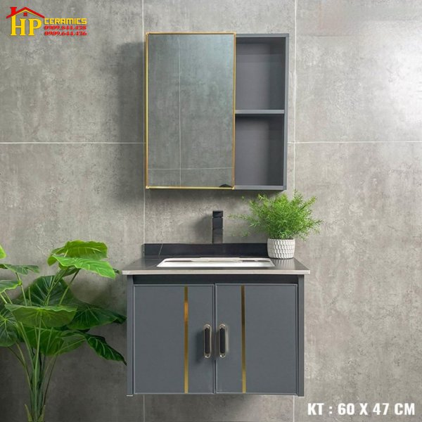LAVABO TỦ NHÔM 60X47 XÁM CHẠY CHỈ VÀNG SANG TRỌNG NHẬP KHẨU CAO CẤP