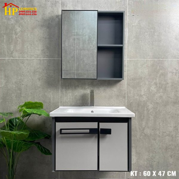 LAVABO TỦ NHÔM 60X47 HAI CÁNH XÁM TRẮNG VIỀN ĐEN NHẬP KHẨU CAO CẤP 