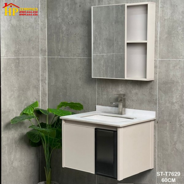 TỦ NHÔM LAVABO 60X47 MÀU VÀNG KEM 2 CÁNH NHẬP KHẨU CAO CẤP