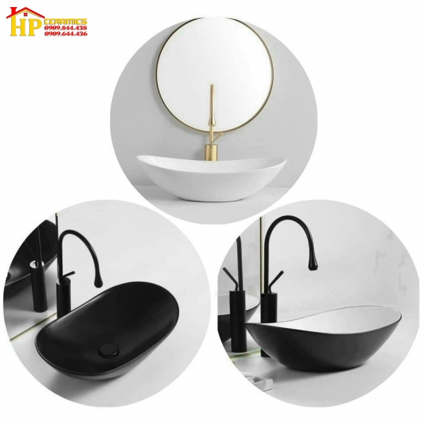 LAVABO SỨ TRẮNG HÌNH THỔI VÀNG LB24