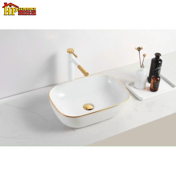LAVABO ĐẶT BÀN CHỮ NHẬT SỨ TRẮNG CHỈ VÀNG LB19 NHẬP KHẨU CAO CẤP