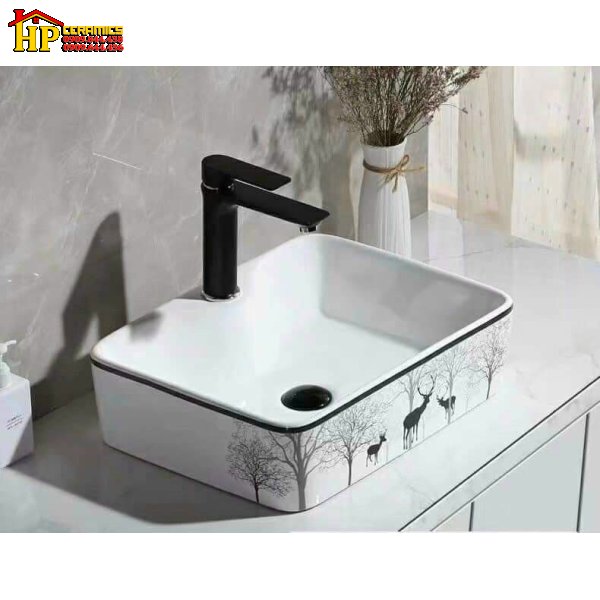 LAVABO SỨ TRẮNG CHỮ NHẬT HOA VĂN IN RỪNG CÂY VÀ HƯƠU LB05-06 NHẬP KHẨU CAO CẤP GIÁ RẺ