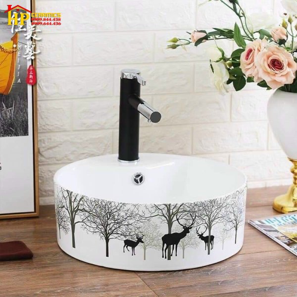 LAVABO TRÒN SỨ TRẮNG IN HƯƠU LB05 NHẬP KHẨU CAO CẤP GIÁ RẺ