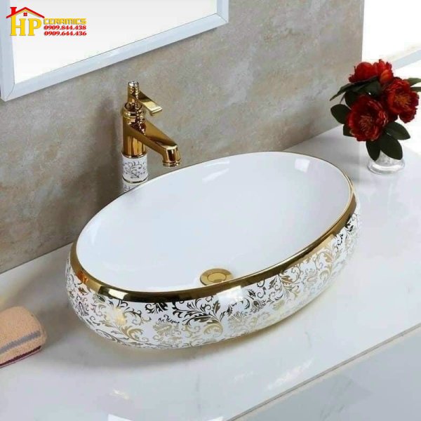 LAVABO OVAL SỨ VÀNG HOA VĂN VÀNG LB21 NHẬP KHẨU CAO CẤP GIÁ RẺ