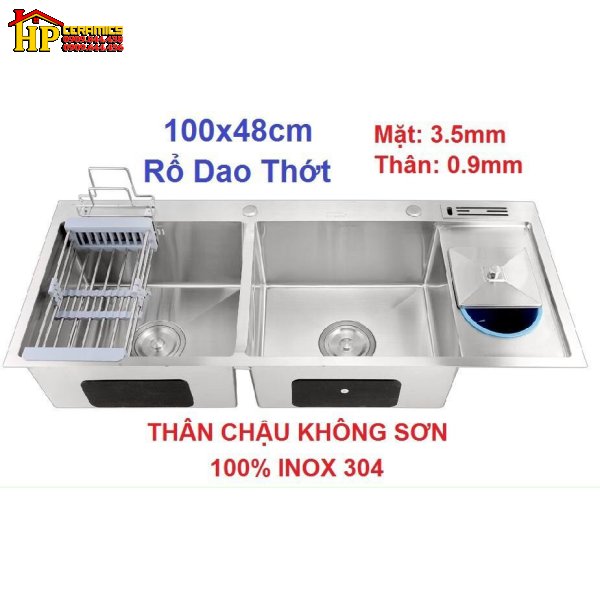 CHẬU RỬA CHÉN  INOX 304 HAI HỘC MỘT CÁCH CÓ HỘC RÁC VÀ DẮT DAO THỚT THÂN CHẬU KHÔNG SƠN 10048 NHẬP KHẨU