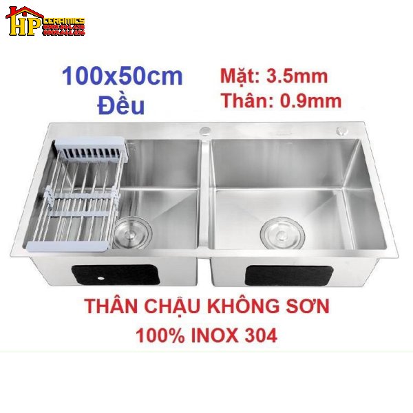 CHẬU RỬA CHÉN INOX 304 HAI HỘC ĐỀU THÂN CHẬU KHÔNG SƠN 100X50 NHẬP KHẨU CAO CẤP