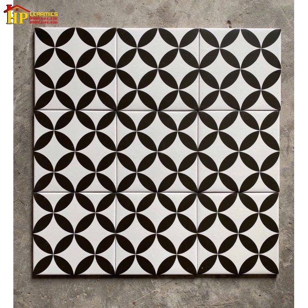 GẠCH TRANG TRÍ 20X20 MÀU TRẮNG HỌA TIẾT ĐỒNG TIỀN ĐEN NHẬP KHẨU CAO CẤP