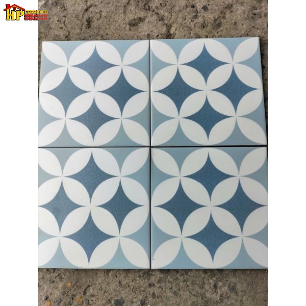 GẠCH TRANG TRÍ 20X20 MÀU XANH DƯƠNG HỌA TIẾT ĐỒNG TIỀN TRẮNG NHẬP KHẨU CAO CẤP
