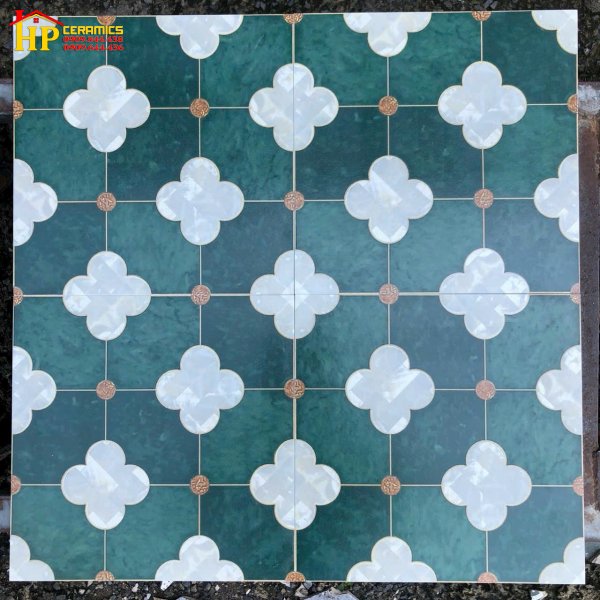 GẠCH TRANG TRÍ 20X20 MÀU XANH HOA VĂN CỎ BỐN LÁ XÀ CỪ NHẬP KHẨU CAO CẤP