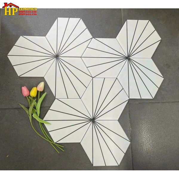 GẠCH LÁT NỀN 200X230 LỤC GIÁC TRẮNG CHỈ ĐEN CAO CẤP GIÁ RẺ