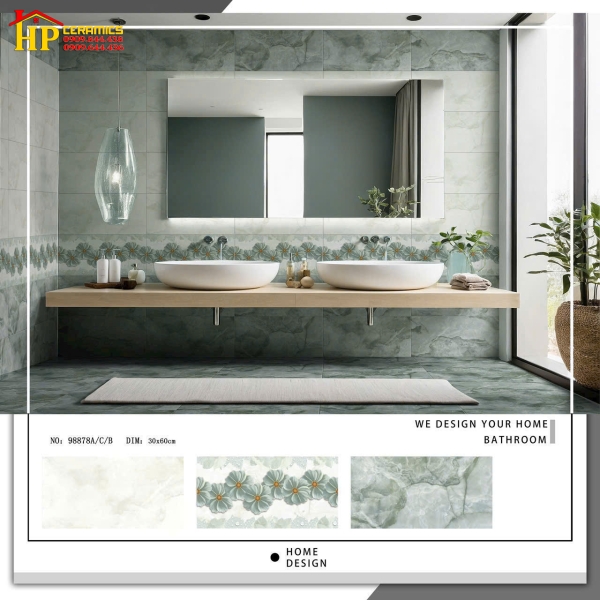 GẠCH ỐP TƯỜNG 30X60 VÂN ĐÁ XANH NGỌC ĐẬM LỢT ĐIỂM BÔNG DÂY 98878 CAO CẤP GIÁ RẺ
