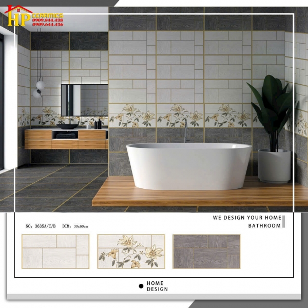 GẠCH ỐP TƯỜNG 30X60 VÂN GỖ GHÉP CHỈ VÀNG ĐIỂM BÔNG LY 3635 CAO CẤP GIÁ RẺ