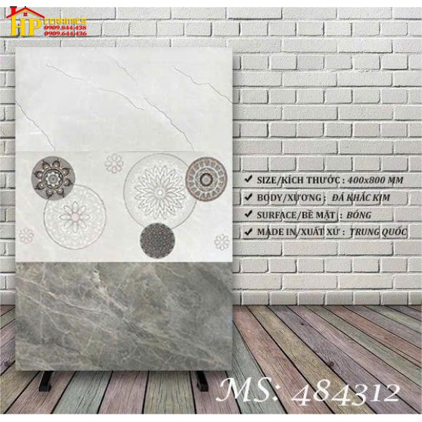 GẠCH ỐP TƯỜNG 40X80 VÂN ĐÁ XÁM ĐẬM LỢT ĐIỂM HOA VĂN TRỐNG ĐỒNG KHẮC KIM 484312 CAO CẤP GIÁ RẺ