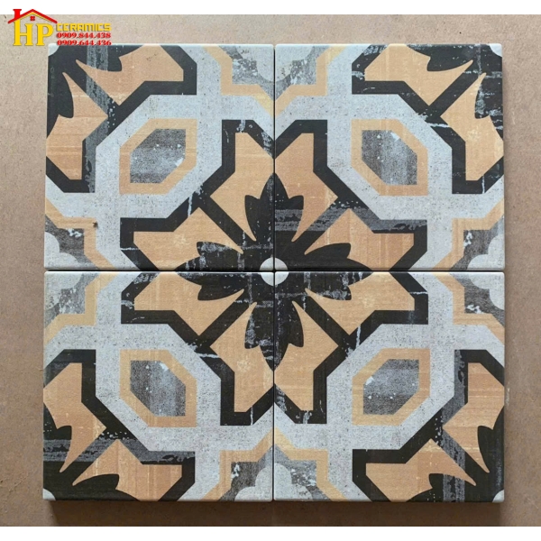 GẠCH BÔNG 20X20 HOA VĂN GHÉP NÂU XÁM CỔ XƯA CAO CẤP GIÁ RẺ