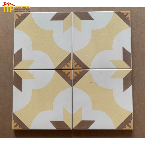 GẠCH BÔNG 20X20 NỀN TRẮNG HOA VĂN VÀNG NÂU CỔ XƯA CAO CẤP GIÁ RẺ