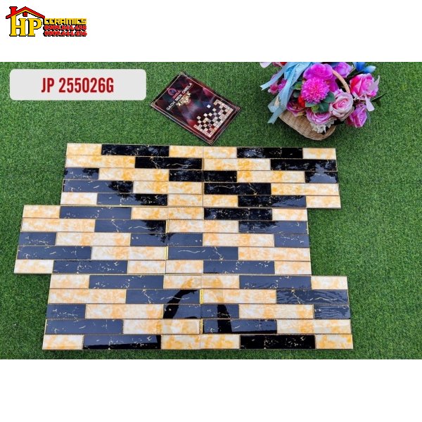 GẠCH TRANG TRÍ 25X50 KIỂU XÂY GẠCH ĐEN VÀNG KHẮC KIM 255026G CAO CẤP GIÁ RẺ