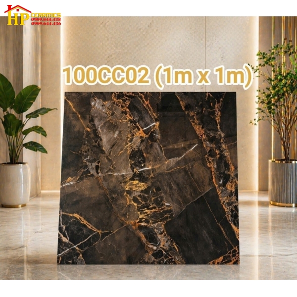 GẠCH LÁT NỀN 100X100 ĐEN HUYỀN BÍ KẾT HỢP VỚI NÂU TRẦM 100CC02 CAO CẤP
