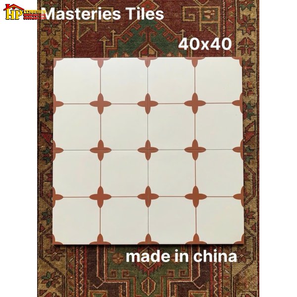 GẠCH BÔNG 40X40 SẮC MÀU TRẮNG KEM HỌA TIẾT HOA 4 CÁNH NÂU NHẬP KHẨU CAO CẤP
