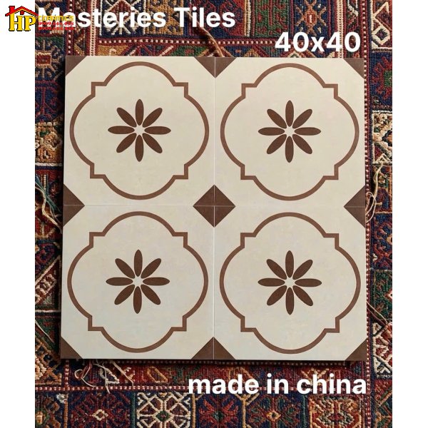 GẠCH TRANG TRÍ 40X40 SẮC MÀU KEM HỌA TIẾT BÔNG 8 CÁNH NÂU BỌC VIỀN UỐN LƯỢN NHẬP KHẨU CAO CẤP