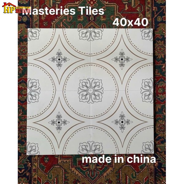 GẠCH TRANG TRÍ 40X40 SẮC MÀU TRẮNG HỌA TIẾT THẢM VÒNG TRÒN LỚN CÓ CỤM HOA 4 CÁNH CỔ ĐIỂN NHẬP KHẨU