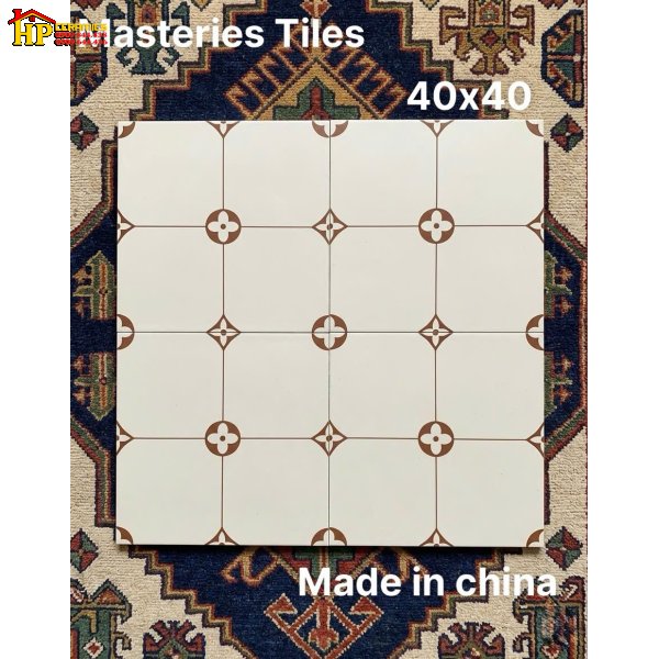GẠCH TRANG TRÍ 40X40 SẮC KEM HỌA TIẾT HOA 4 CÁNH TRONG VÒNG TRÒN NÂU NHẬP KHẨU CAO CẤP
