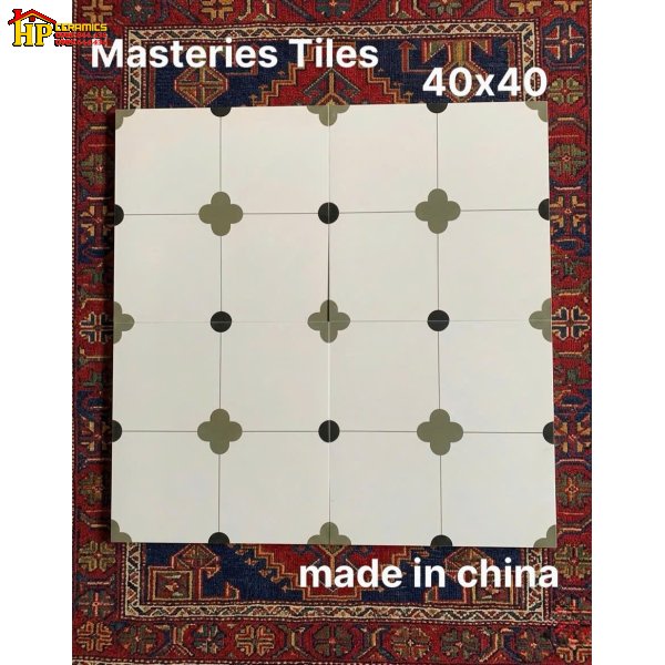 GẠCH TRANG TRÍ 40X40 SẮC MÀU TRẮNG KEM HỌA TIẾT HOA 4 CÁNH MÀU XANH NHẬP KHẨU CAO CẤP