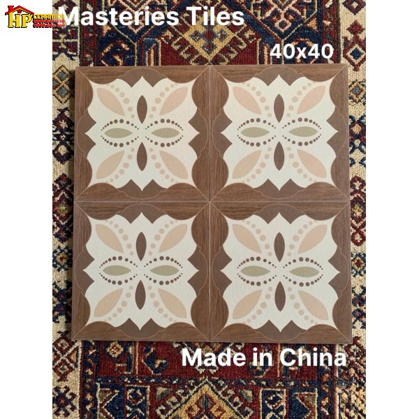 GẠCH TRANG TRÍ 40X40 MÀU NÂU HỌA TIẾT GIẢ GỖ VÀ CÁC HOA VĂN ĐỐI XỨNG NHẬP KHẨU CAO CẤP