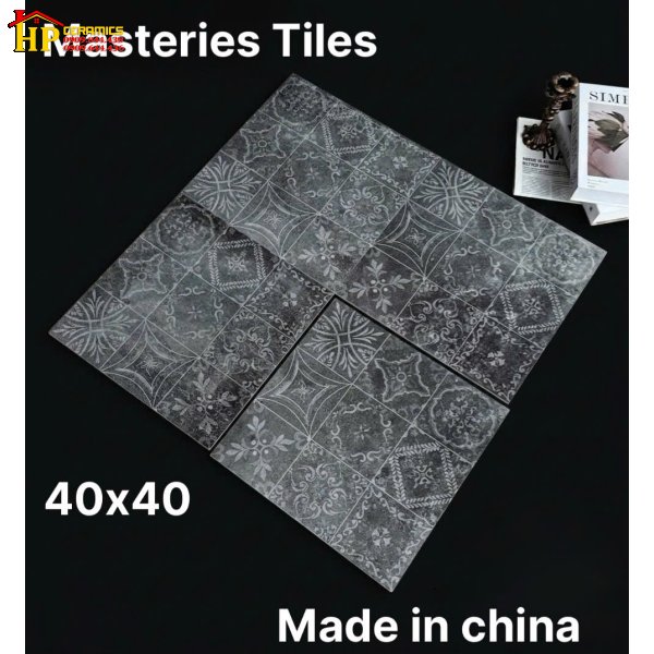 GẠCH TRANG TRÍ 40X40 TONE MÀU ĐEN THAN HOA VĂN BÔNG CỔ ĐIỂN NHẬP KHẨU CAO CẤP