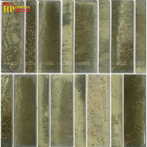 GẠCH TRANG TRÍ VĨ 268X290 MOSAIC GỐM SẮC XANH RÊU 2 THANH ĐAN XEN 22X145 VÀ 45X145 NHẬP KHẨU CAO CẤP