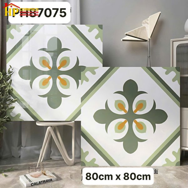 GẠCH THẢM 80X80 SẮC MÀU TRẮNG HỌA TIẾT BÔNG CỔ ĐIỂN MÀU XANH NHẬP KHẨU CAO CẤP