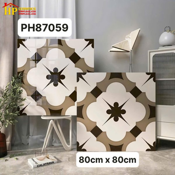 GẠCH THẢM 80X80 SẮC TRẮNG HỌA TIẾT NGHỆ THUẬT CỔ ĐIỂN BÔNG ĐEN NÂU NHẬP KHẨU CAO CẤP