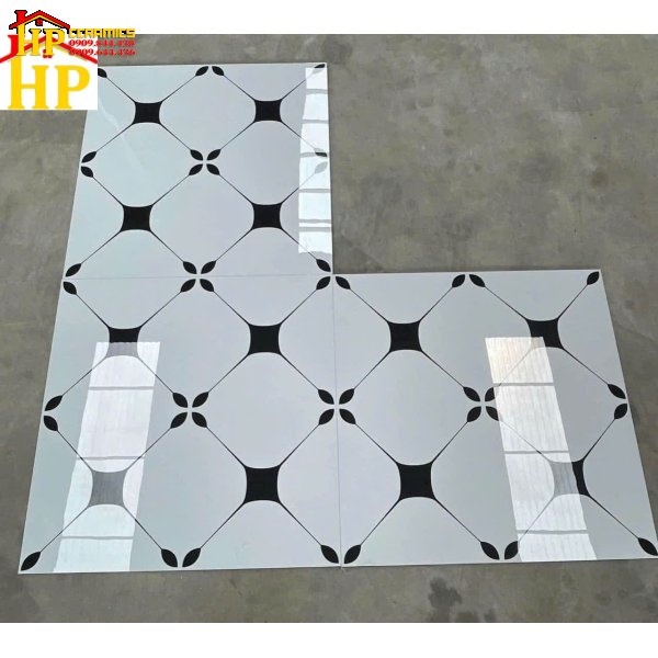 GẠCH LÁT NỀN 80X80 SẮC MÀU TRẮNG HOA VĂN HÌNH THOI BỐN GÓC UỐN CONG MÀU ĐEN NHẬP KHẨU CAO CẤP
