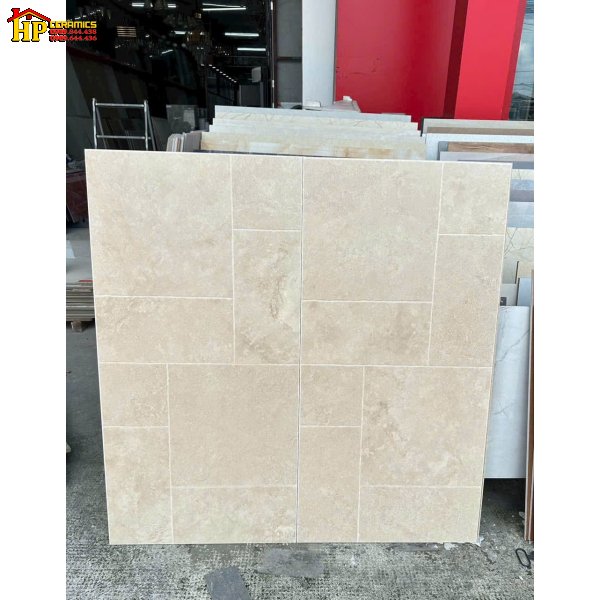 GẠCH LÁT NỀN 60X120 MÀU KEM NHẠT HỌA TIẾT GHÉP KHỐI VÂN ĐÁ TRAVERTINE NHẬP KHẨU CAO CẤP 