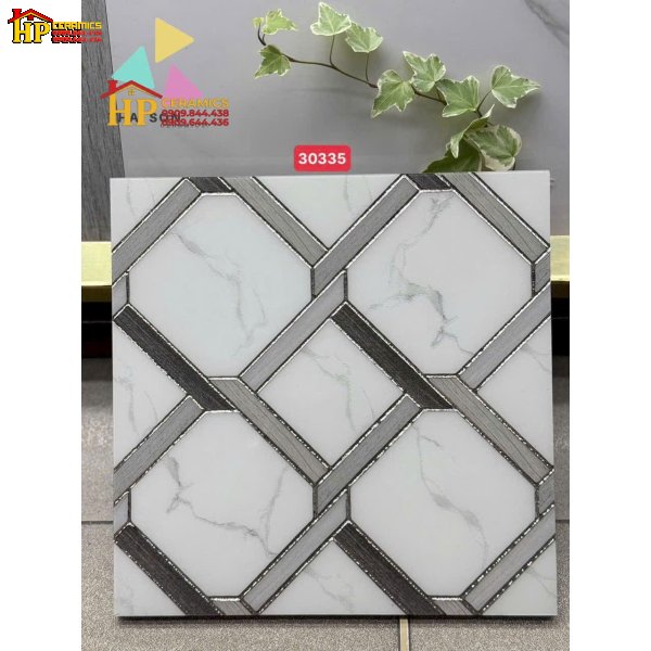 GẠCH TRANG TRÍ 30X30 MÀU TRẮNG VÂN KHÓI HỌA TIẾT HÌNH THOI ĐAN XEN KHẮC KIM BẠC NHẬP KHẨU CAO CẤP
